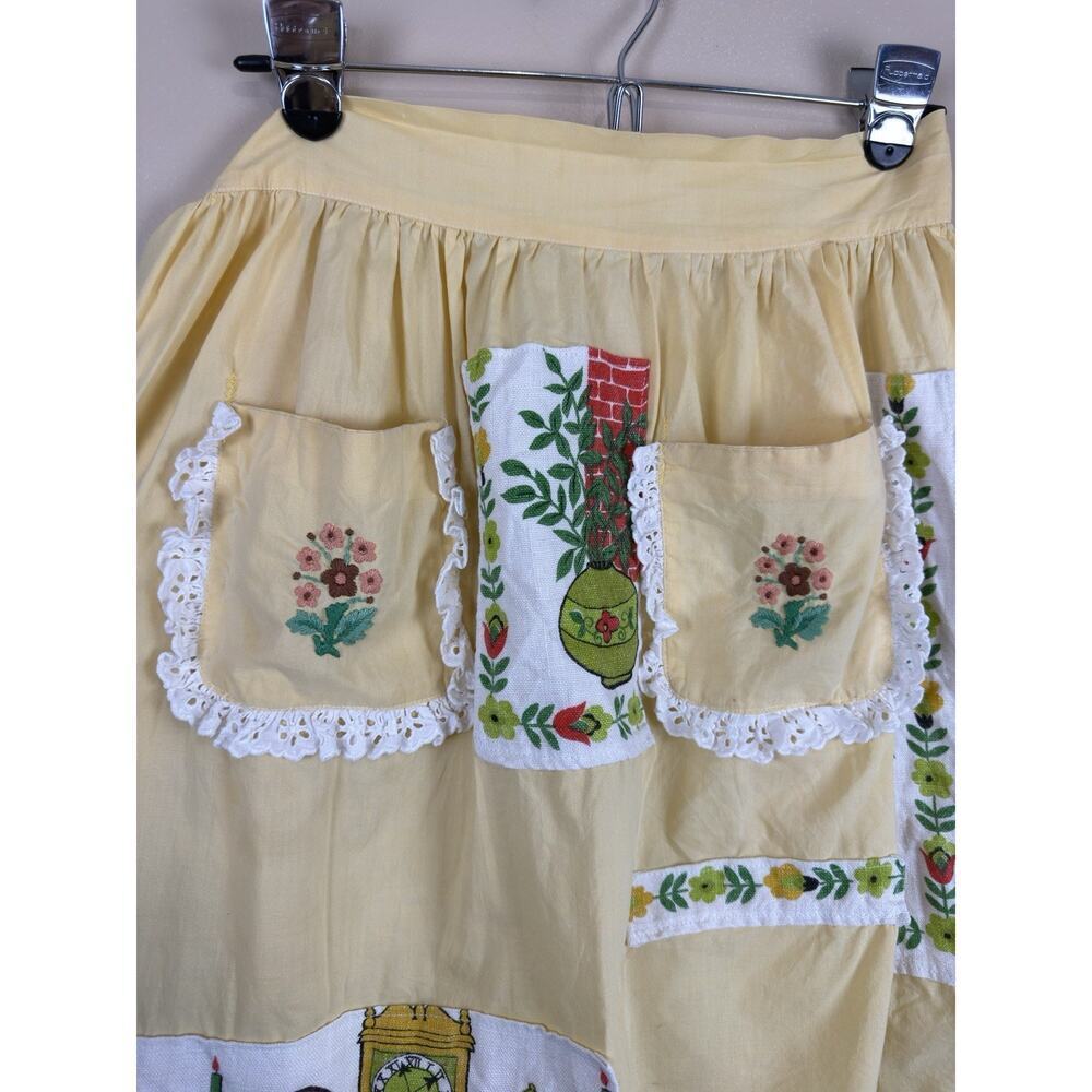 Vintage Yellow Half Apron with Flower Embroidered Pocket & Patchwork, Granny - Picture 3 of 12